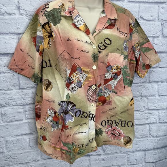 Vintage Lucia Caribbean Island Print Button Shirt Size 16 St Croix Tobago Floral - Picture 2 of 7